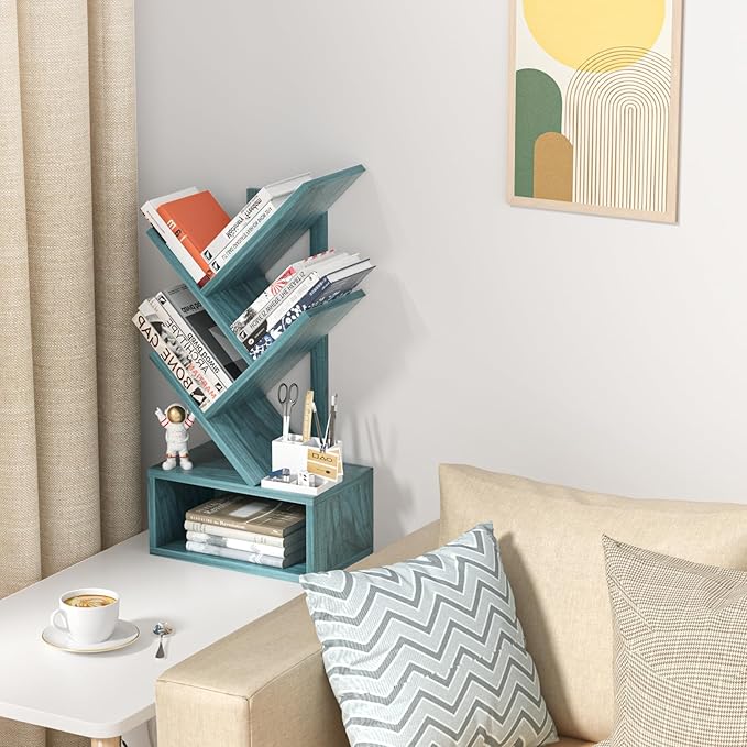 Small Tree Book Shelf,5 Tier Black Tree Bookshelf,Blue Desktop Bookcase,Modern Desk Display Storage Bookshelves,Floor Standing Organizer Bookcases for Living Room,Bedroom,Office-Blue