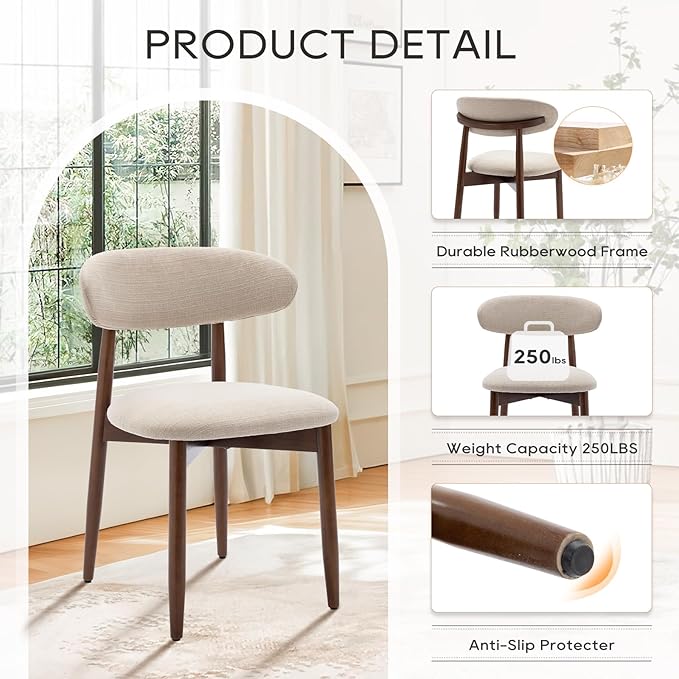 COLAMY Wooden Dining Chairs Set of 2, Modern Fabric Upholstered Kitchen Side Chairs, Farmhouse Dining Room Chair with Foot Pegs, Beige