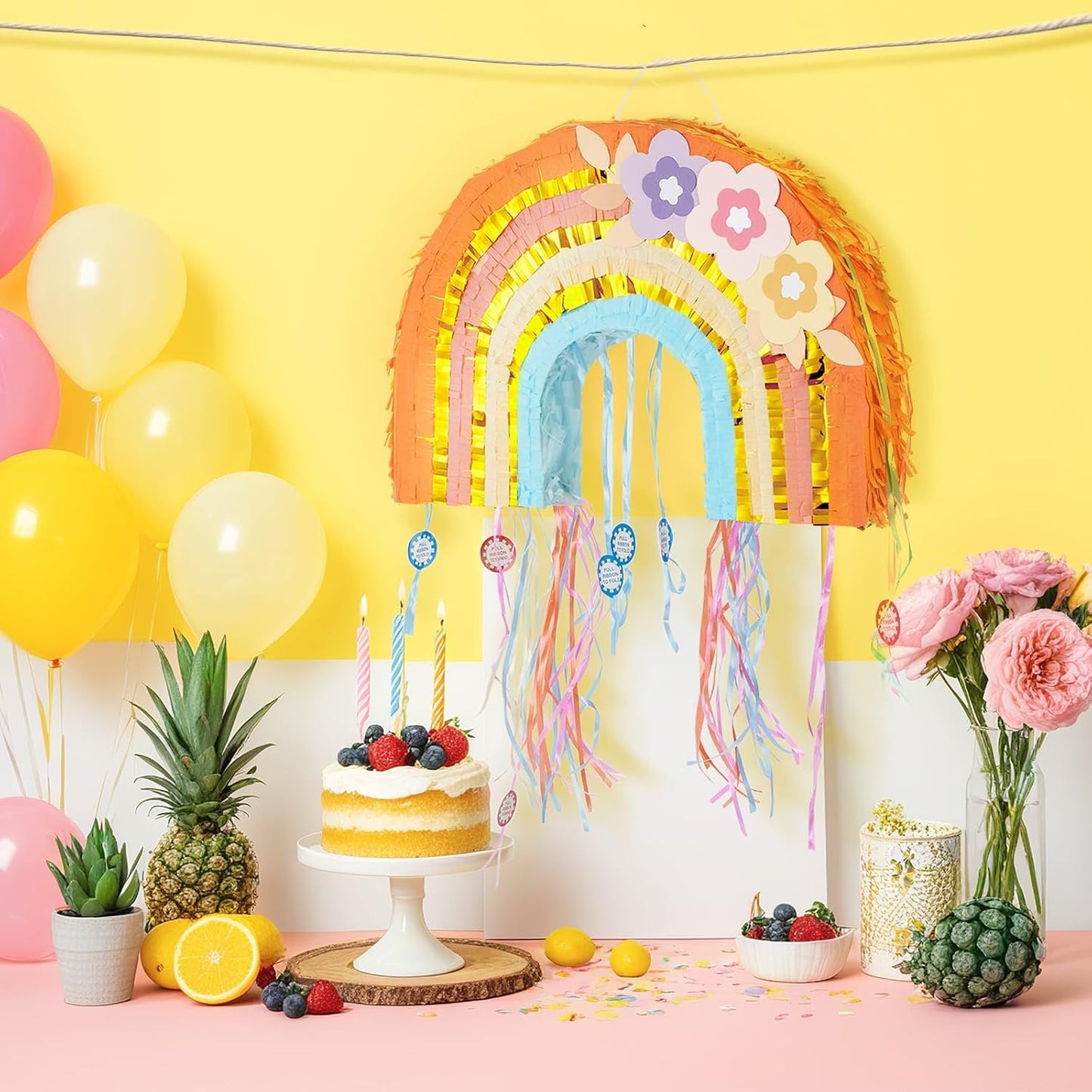 WERNNSAI Foldable Rainbow Pinata - Rainbow Pull String Pinata with Blindfold and Bat for Bundle Piñata Boho Theme Birthday Baby Shower Party Decoration Carnival Party Games Supplies 16.4" x 12.3"