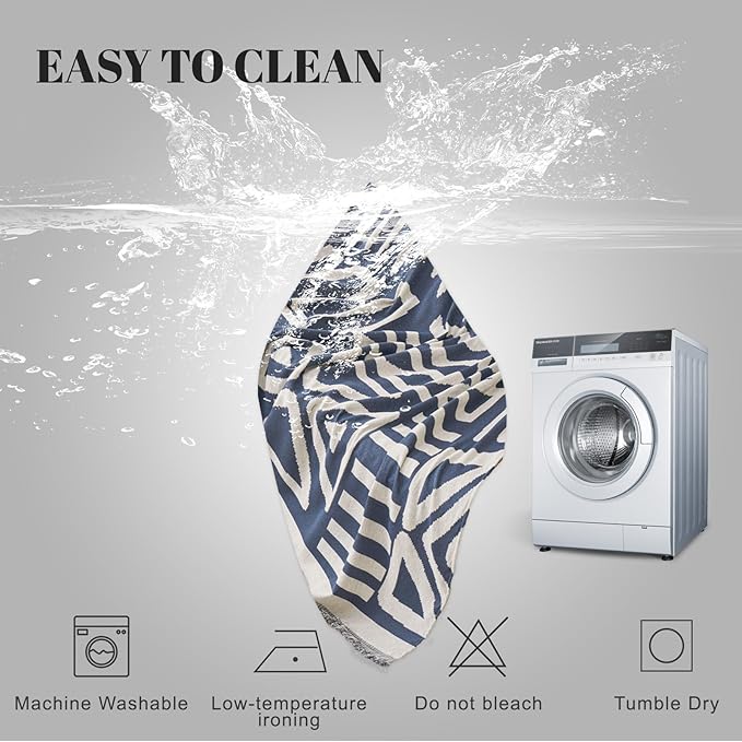 HANDONTIME Boho Couch Covers for Sofa Chenille Sofa Covers Washable Sectional Sofa Cover Blanket Geometric Reversible Couch Cover for L Shaped Couch Couch Protector for Dogs, 91" X118", Denim Blue