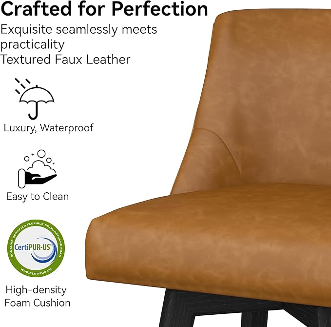 Counter Height Bar Stools Set of 3, Modern Swivel Barstools with Back and Wood Legs, Faux Leather Upholstered Bar Chairs, 26" H Kitchen Counter Stools, Kitchen Island Home Bar, Whisky Brown