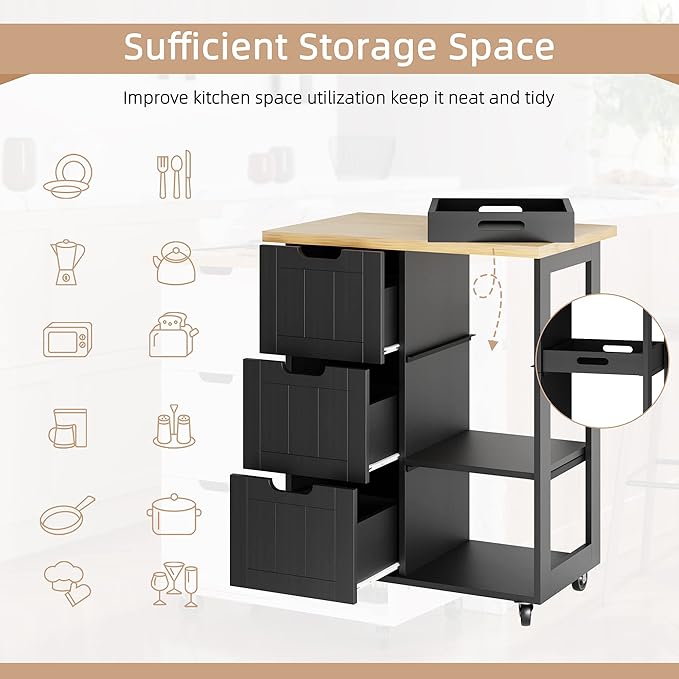 Shintenchi Kitchen Island Cart with Storage,Rolling Kitchen Island Storage Cabinet,Side Table on Wheels with Worktop,3 Open Shelves and 3 Drawers for Kitchen,Dinning Room, Black