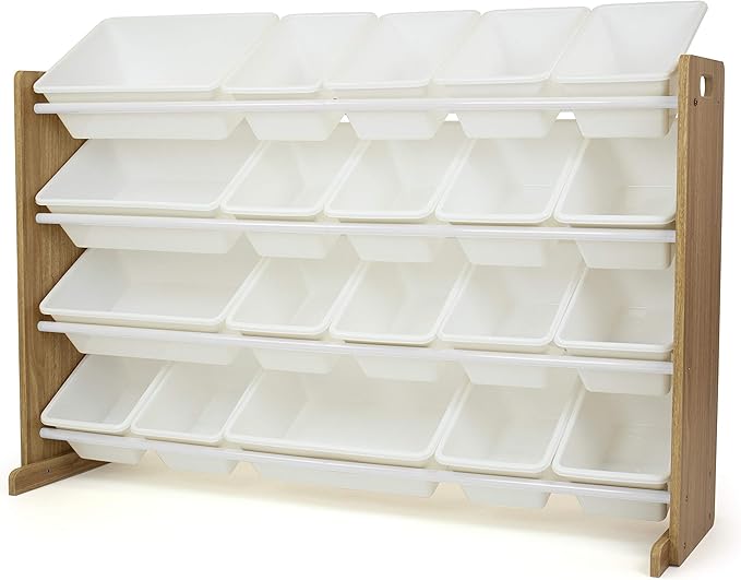 Humble Crew Extra-Large Toy Organizer with 20 Plastic Bins – Natural/White Storage Rack with 4-Tier Shelves, Anti-Tip Safety, for Kids’ Rooms, Playrooms, Nurseries & Classrooms