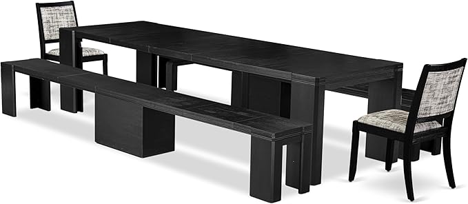 X02X2-206-30 5-pc Dining Room Table Set a Rectangular Kitchen Table and 2 Benches and 2 Wire Brushed Black Polyester Stackable Chairs, 39x120 Inch, Wire Brushed Black