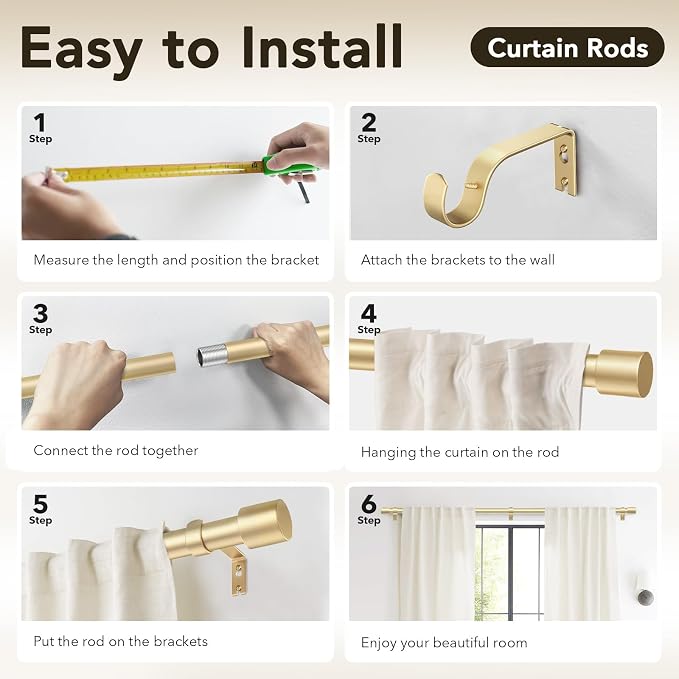 IFELS Heavy Duty Curtain Rods for Windows 28 to 48 Inch, 1 Inch Gold Curtain - Image 7