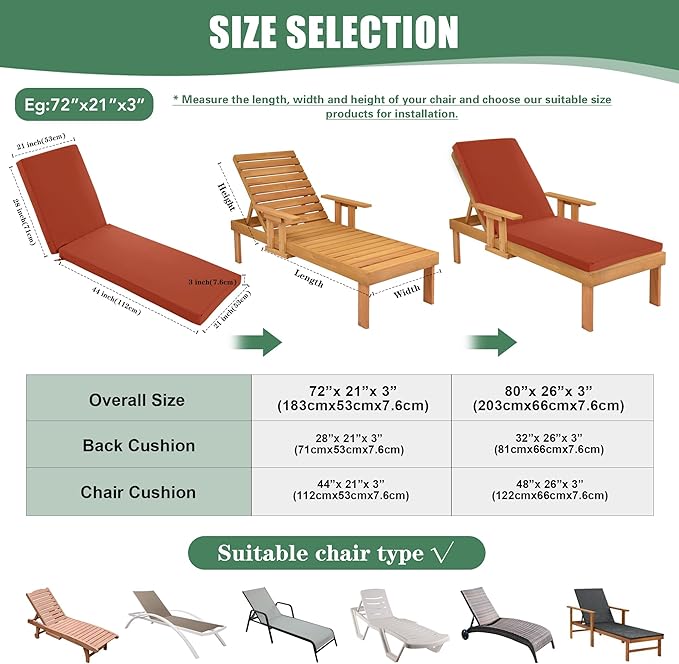 Chaise Lounge Cushions Outdoor Set of 4 - Waterproof and Fade Resistant Sun Lounger Replacement Cushions - Patio Lounger Pads with Removable Cover for Pool, Deck, 80 x 26 x 3 Inch, Rust