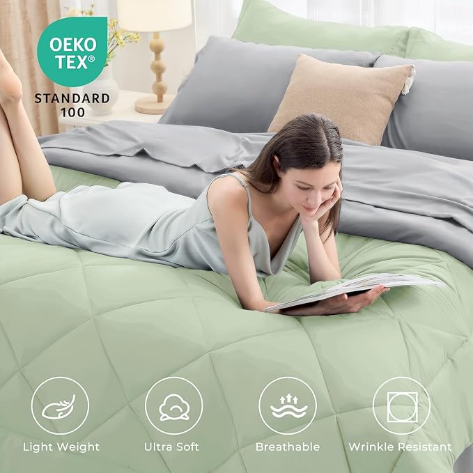 HEVUMYI Queen Comforter Set - 7-Piece All Season Bed in a Bag Queen, Ultra Soft Bedding Set with Comforter, Flat Sheet, Fitted Sheet, Pillowcases, Pillow Shams, Sage Green & Light Grey