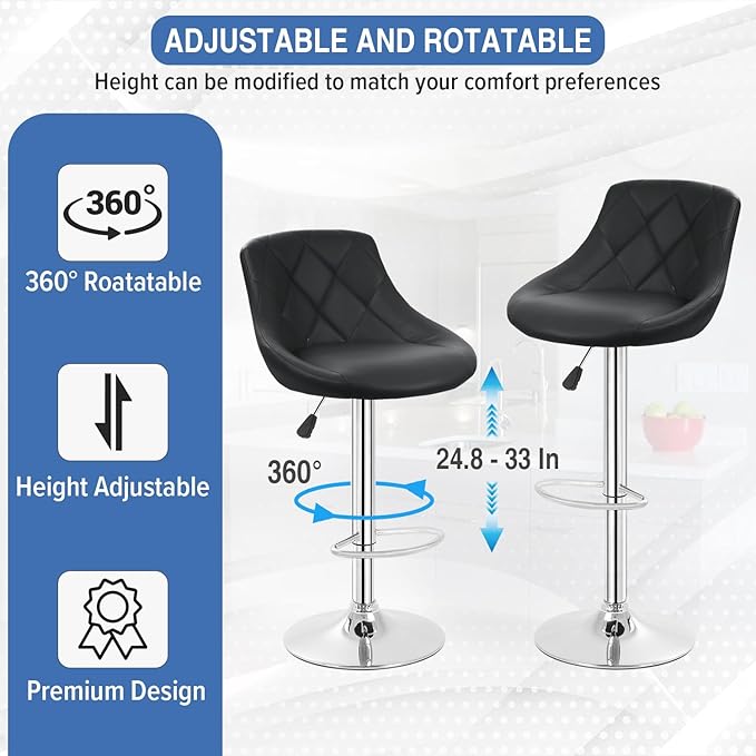 FDW Bar Stools Set of 2 Bar Stools Swivel Stool Height Adjustable Bar Chairs with Back PU Leather Swivel Bar Stool Kitchen Counter Stools Dining Chairs (Black)