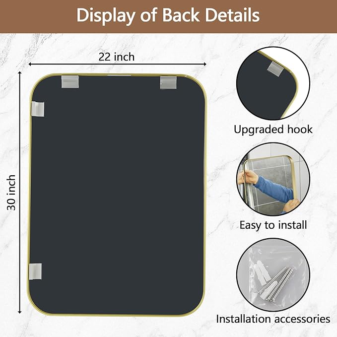 22x30 Inch Gold Mirror, Framed Rectangle Mirror with Rounded Corner, Brushed Brass Mirror, Gold Bathroom Mirror for Over Sink, Vanity, Living Room, Bedroom, Horizontal/Vertical