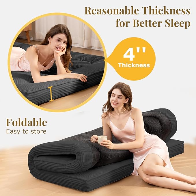 Japanese Floor Mattress, 4" Thicken Futon Mattress Twin Size Sleeping Pad, Corduroy Foldable Mattress Pad Roll Up Tatami Mat Floor Mattress for Adults（Grey）