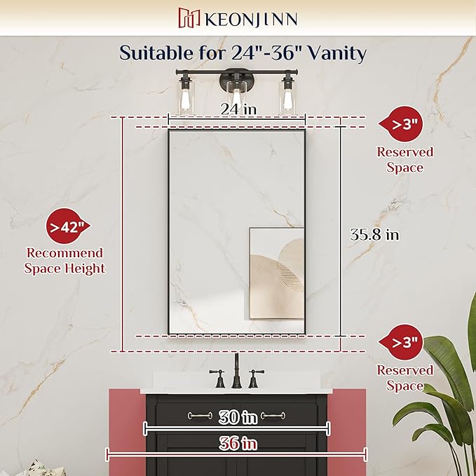 Keonjinn Black Bathroom Mirror 24 x 36 Inch Rectangular Wall Mirror Brushed Metal Frame Black Mirror Modern Farmhouse Mirror, Framed Rectangle Bathroom Mirror for Over Sink(Horizontal/Vertical)