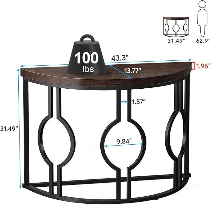 LITTLE TREE 43 Inch Half Moon Console Table for Entryway Industrial Semi Circle Sofa Table Wood Accent Table for Living Room, Hallway, Foyer, Entrance, Rustic Brown