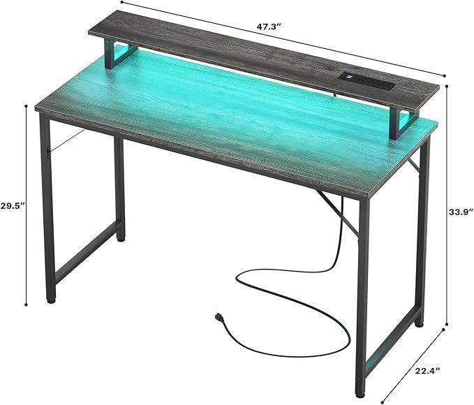 Computer Desk with USB Power Outlets and LED Lights, 47 inch Gaming Desk with Monitor Stand for Small Space Home Office, Modern Simple Study Writing Table PC Desks, Black Oak
