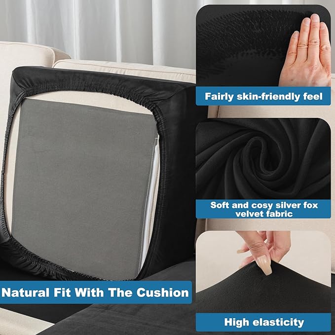Couch Cover 3-Piece Elastic Velvet Couch Cushion Covers & Chaise Slipcovers - Image 5