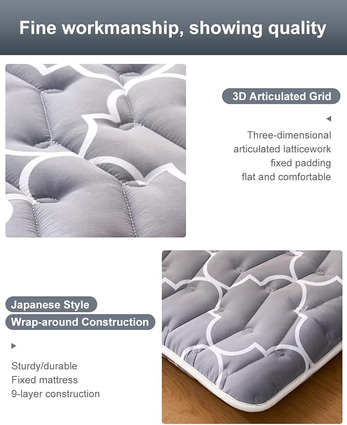 6th Generation Japanese Floor Futon Mattress - Extra-Thick 9-Layer Modern Futon with 100% High-Density Foam, Portable Floor Mattress Sleeping Pad for Adults, Guest Room, Dormitory, Full Size (54"X80")