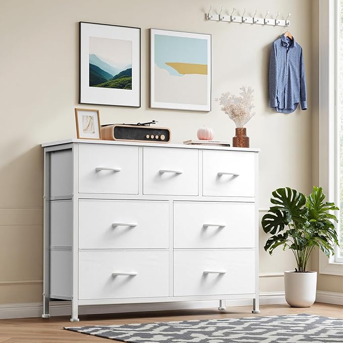 DUMOS TV Stand Dresser for Living Room Bedroom with 7 Fabric Drawer, Entertainment Center Chest Storage Organizer Units for Clothing, Closet, Cabinet, Living Room Furniture, White