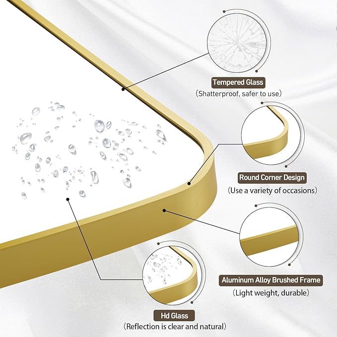 Matte Gold Mirror, 16x24 Inch Brushed Gold Mirror, Aluminum Alloy Framed Vanity Mirror, Rounded Rectangle Bathroom Mirror for Over Sink, Anti-Rust Wall Mirror (Horizontally or Vertically)