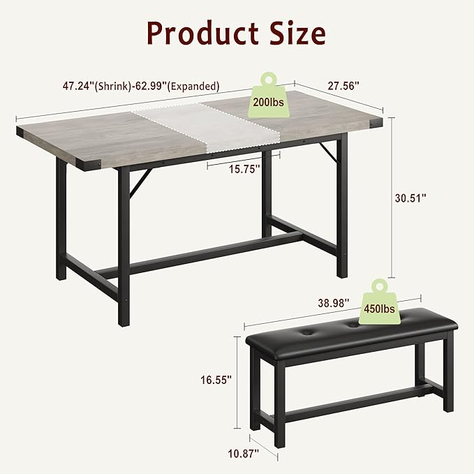 3-Piece Dining Table Set for 4-6 People, Extendable Kitchen Table Set with 2 Upholstered Benches, Dining Room Table Set for Apartment, Kitchen, Living Room, Gray