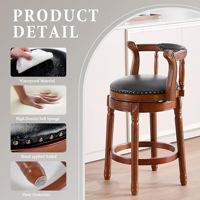 Cow top Leather Wooden Bar Stools, 360 Degree Swivel Bar Height Chair with Backs for Home Kitchen Counter, Morden Chair Barstools (Black-2pc, Counter Height-Seat Height 26”)