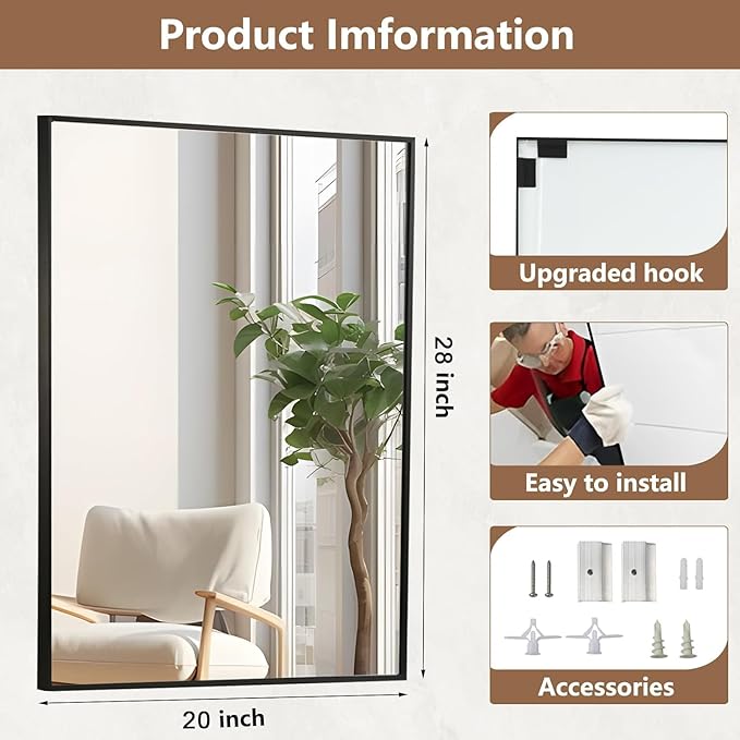 Black Bathroom Mirror, 20"x28" Rectangle Mirror, Matte Black Mirror, Metal Frame Square Corner Vanity Mirror, Wall Mounted Mirror for Modern, Living Room, Bedroom, Horizontal Or Vertical