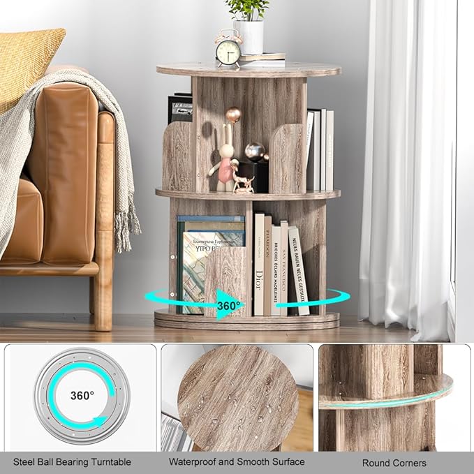 Nidouillet Small Rotating Bookshelf, 2 Tier Revolving Bookcase 360° Display Round Bookshelf Narrow Swivel Corner Book Shelf Standing Bookcase Adult Bedroom