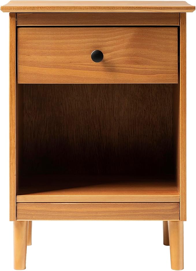 Walker Edison Traditional Wood 1 Drawer Nightstand Side Table Bedroom Storage Drawer and Shelf Bedside End Table, 18 Inch, Caramel