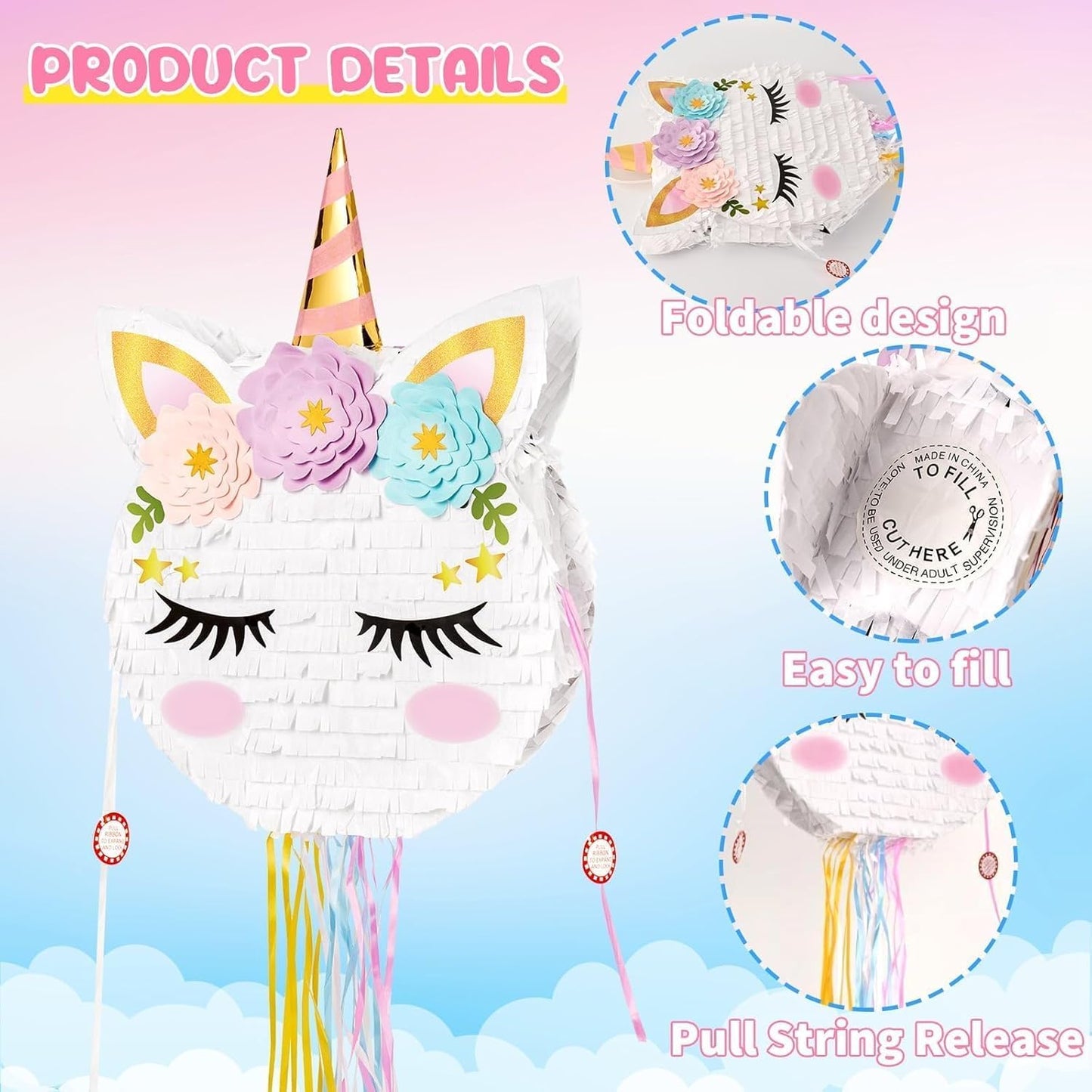 Foldable Unicorn Piñata - Unicorn Birthday Party Supplies Extendable Piñata with Blindfold Bat and Tassels Unicorn Birthday Party Decoration Games Folding Pink Unicorn Piñatas for Kids Classroom Game