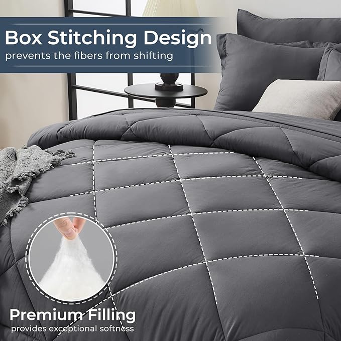 HEVUMYI Full Comforter Set - 7-Piece All Season Bed in a Bag Full, Ultra Soft Bedding Set with Comforter, Flat Sheet, Fitted Sheet, Pillowcases, Pillow Shams, Dark Grey