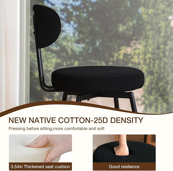 HOMMPA Counter Height Swivel Bar Stools Set of 2 Boucle Barstools 26'' Upholstered Modern Counter Barstools with Back Metal Legs Bar Stools Chairs for Kitchen Counter Island Black