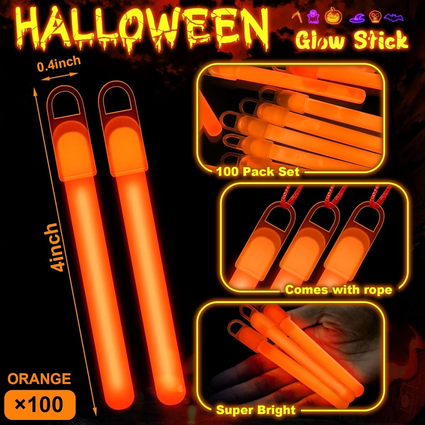 Lewtemi 4" or 6" 100 Pack Bright Glow Sticks Bulk, Glow in The Dark Party Supplies Birthday and Holidays Party Favors