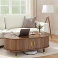 Mid-Century Fluted Oval Coffee Table with 360° Tambour Doors, Hidden Storage, Solid Wood Legs & 2 AC+2 USB Charging Station, Modern Coffee Table for Living Room, Apartment, Walnut
