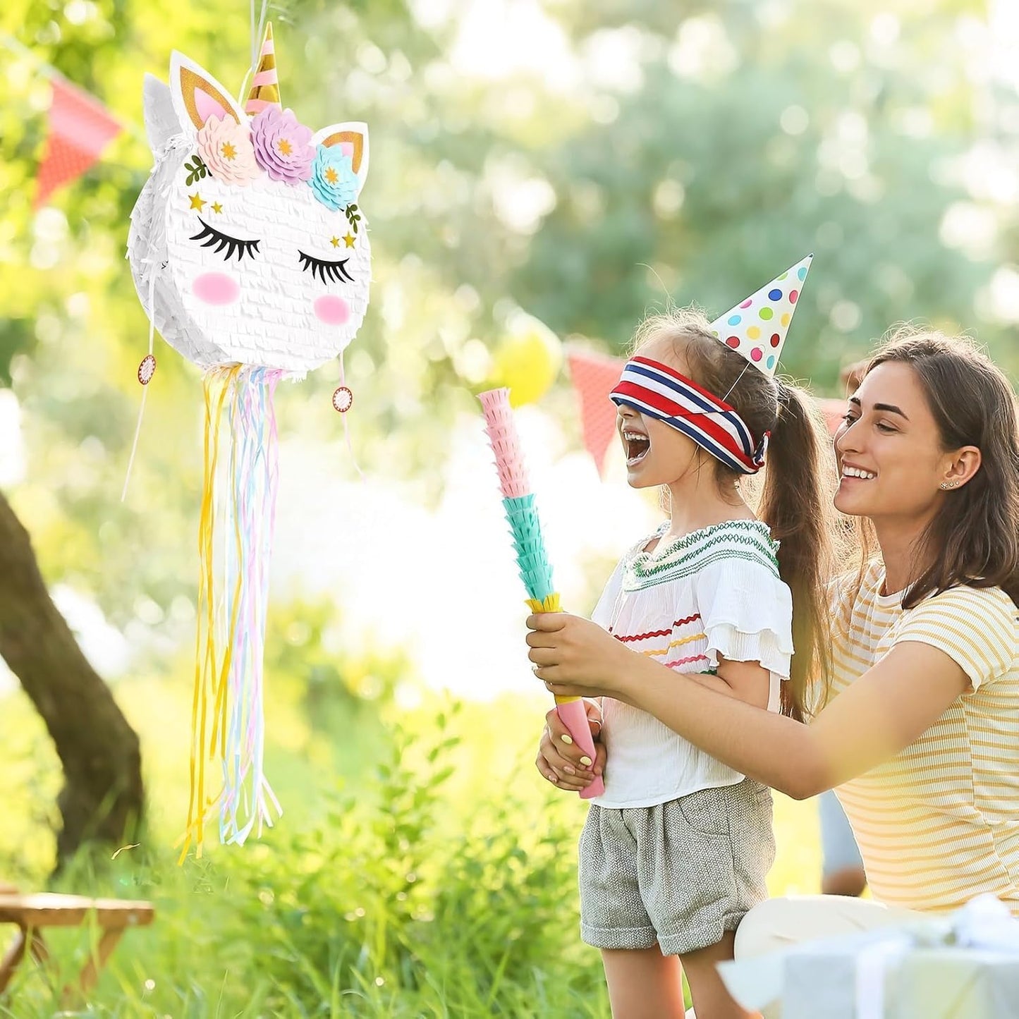 Foldable Unicorn Piñata - Unicorn Birthday Party Supplies Extendable Piñata with Blindfold Bat and Tassels Unicorn Birthday Party Decoration Games Folding Pink Unicorn Piñatas for Kids Classroom Game
