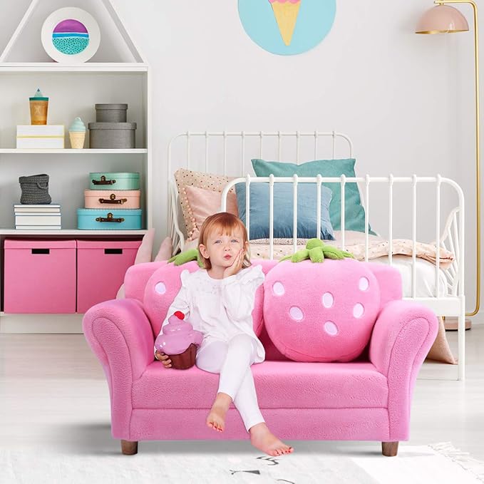 Costzon Kids Couch, Double Seat Pink Children's Sofa with 2 Strawberry Pillows, Toddler Armrest Chair for Bedroom, Living Room, Large Soft for Kids Loveseat Toy for Baby Girls Preschool Gifts Presents