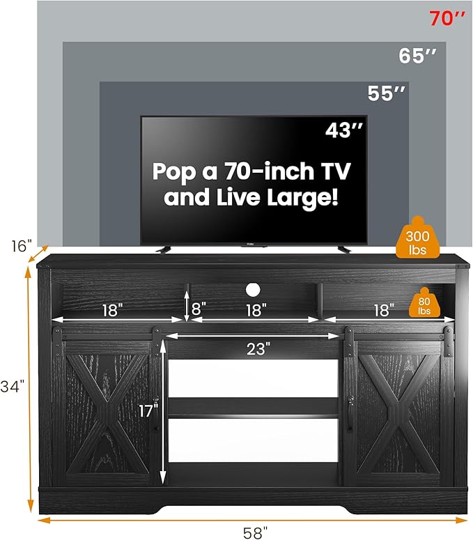 RoyalCraft Farmhouse TV Stand for 23" Fireplace, 34'' Tall Entertainment Center for 65+ Inch TV, 34" Tall Rustic TV Console with Sliding Bar Door for Living Room Black