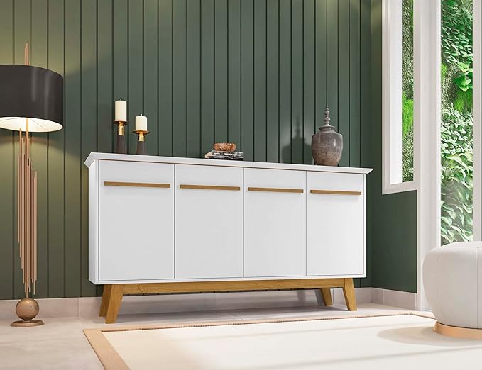 Manhattan Comfort Yonkers 63 Inch Buffet Sideboard with 2 Cabinets & Soft Close Doors, Storage Furniture with Stylish Beveled Top, Solid Wood Legs, White