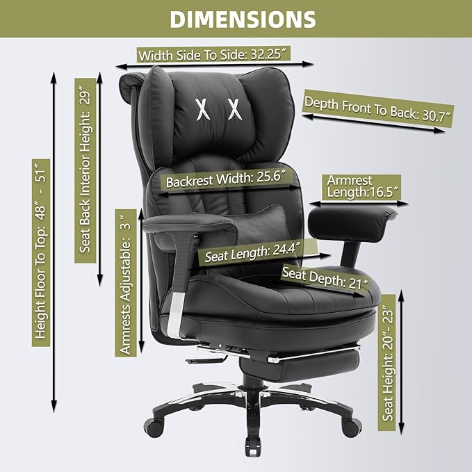 Efomao Big and Tall Office Chair with Footrest – High Back Computer Chair with Adjustable Armrests，Executive Office Chair with Wide Seat, Modern Desk Chair for Home Office, Gaming, or Study, Black