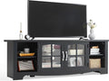 LINSY HOME TV Stand for 75 Inch TV, Modern Farmhouse Entertainment Center with Storage Cabinets and Glass Doors, Tall Media Console Table for Living Room, Bedroom, Large Long Television Stand, Black
