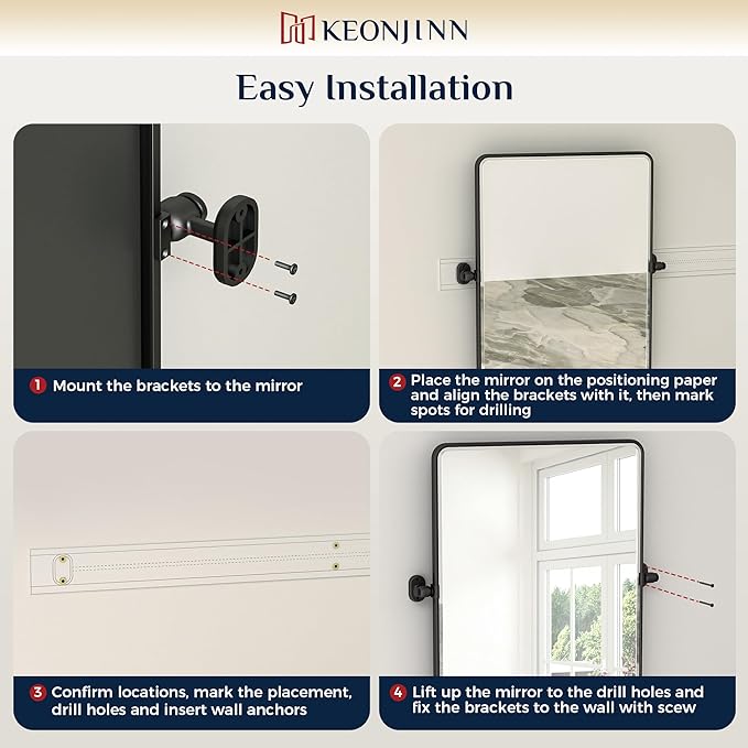 Keonjinn Large Pivot Mirror Bathroom, 40 x 30 Inch Beveled Tilt Mirror Bathroom, Black Metal Framed Mirrors with Rounded Corner, Farmhouse Rectangle Vanity Mirrors for Wall (Horizontal/Vertical)