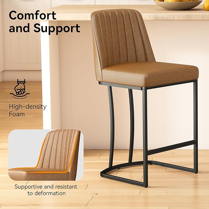 Bar Stools Set of 6, Faux Leather Counter Height Barstools, Upholstered Kitchen Counter Stools with Back and Stitching, 25.6" H Kitchen Island Stools Bar Chair, Metal Framed, Whisky Brown