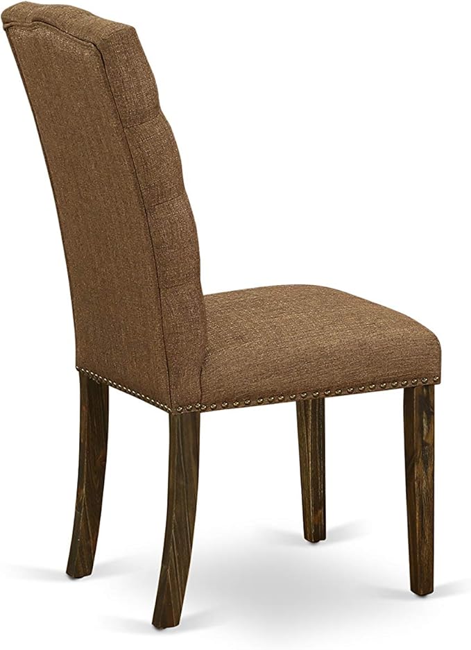East West Furniture F2EL7-718 7 Piece Dining Table Set Consist of a Round Kitchen Table with Pedestal and 6 Brown Linen Linen Fabric Parson Dining Room Chairs, 48x48 Inch, Distressed Jacobean