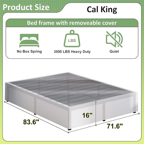 16 Inch Cal King Bed Frame with White Skirt Cover, Metal California King Bed Frames with Storage, No Box Spring Needed, Heavy Duty, Easy Assembly, Noise Free, Mattress Foundation