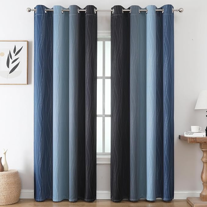 Estelar Textiler Navy Blue and Black Ombre Blackout Curtains 84 Inches Long 2 - Image 2