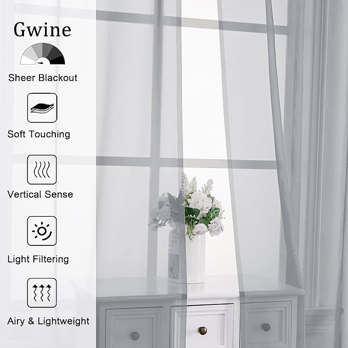 Gwine Light Grey Sheer Kitchen Curtains 36 Inch Length, Light Filtering Voile - Image 2