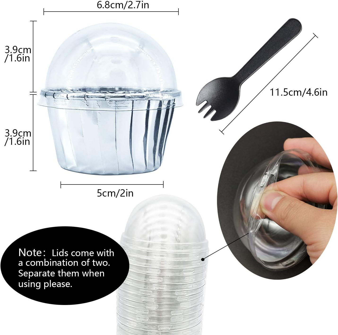 Foil Cupcake Liners with Lids 100Pack,Free-Air 3.5Oz Foil Baking Cups Mini Muffin Liners,Disposable Muffin Tins Muffin Cups,Sturdy Baking Tins Cupcake Wrappers for Individual Bakery,with Spoons-Silver