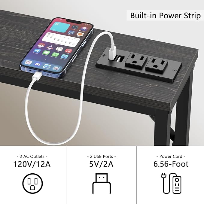 Tohomeor 5.9" Skinny Behind Sofa Console Table with Charging Station Charcoal Black 47.2" Narrow Long Behind Couch Table with Power Outlets USB Ports Thin Entry Table for Entryway Living Room Hallway