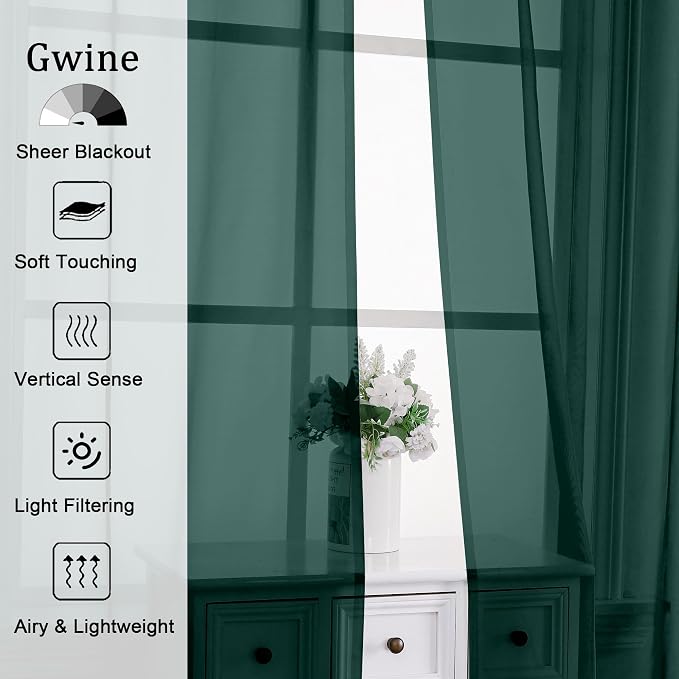 Gwine Hunter Green Sheer Curtains 84 Inches Long 2 Panels Set - Image 2