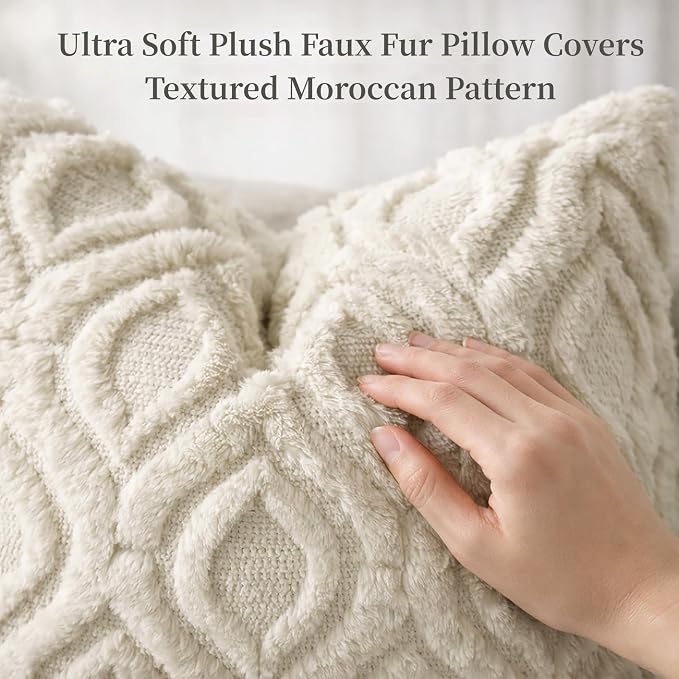 decorUhome Throw Pillow Covers 26x26 Inch Set of 2, Soft Plush Faux Wool Beige - Image 2