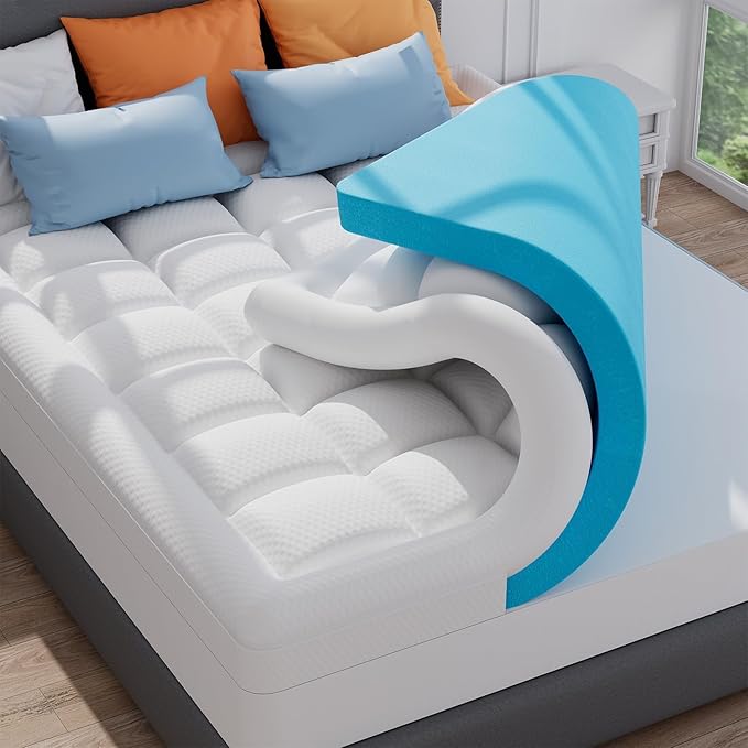 ELEMUSE Queen Dual Layer 3 Inch Memory Foam Mattress Topper, 1 Inch Plush Feel Pillow Top Mattress Topper Cover and 2 Inch Cooling High Density Memory Foam Bed Pad for Back Pain Relief