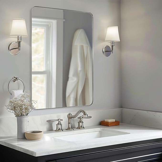 ANDY STAR Chrome Mirror for Bathroom, 30x36 Metal Frame Wall Mirror with Rounded Corner, Modern Rectangle Bathroom Vanity Mirror with Polish Finish…