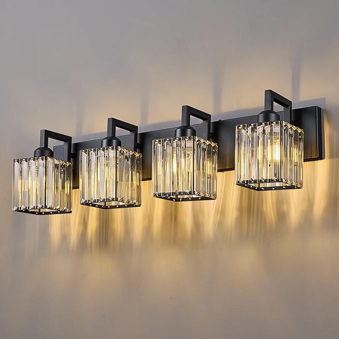 Modern Crystal Bathroom Vanity Light 4-Lights Black Modern Crystal Wall Lamp Bathroom Modern Crystal Vanity Lighting